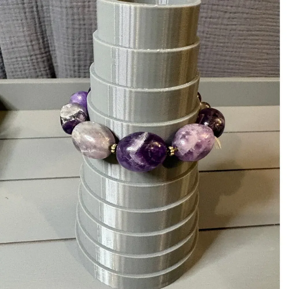 Chunky Amethyst Stone Bead Stretch Bracelet Purple